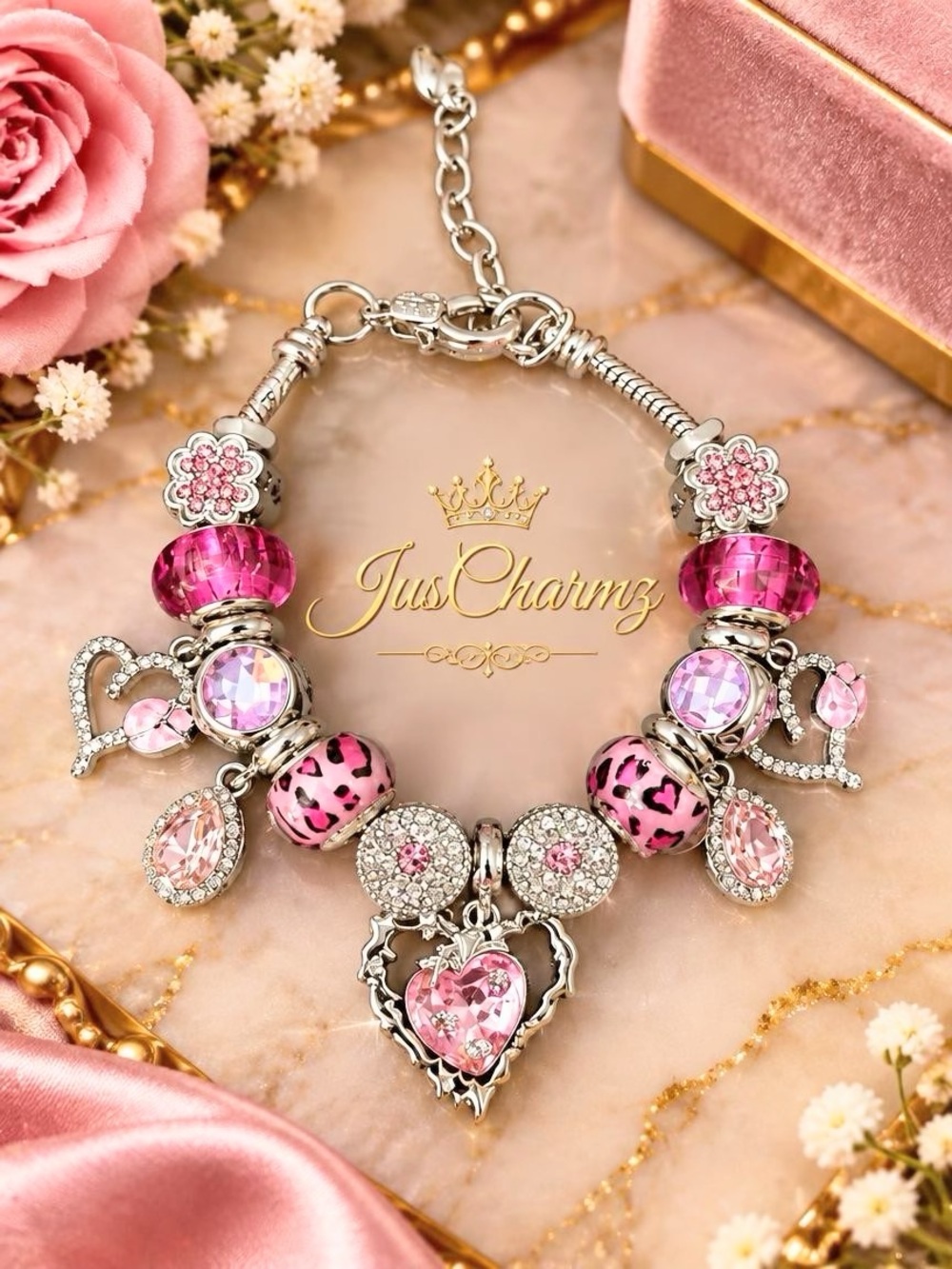 Pink Crystal Heart Charm Bracelet